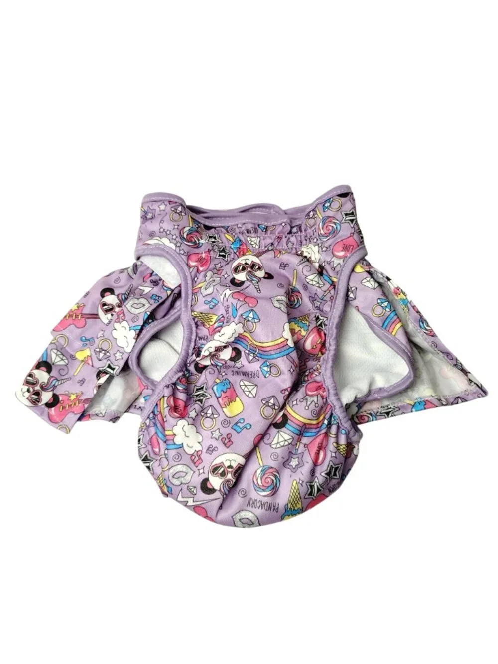 Dog Size Large Reusable, Adjustable Skirted Pet Diaper Purple Pandacorn Print
